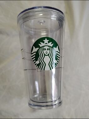 Starbucks Clear Tumbler with Green Logo and Blue Rim